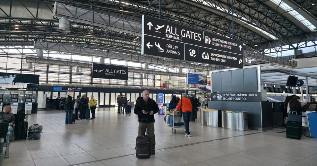 Entering Terminal 2 at Prague Airport for arrivals and departures