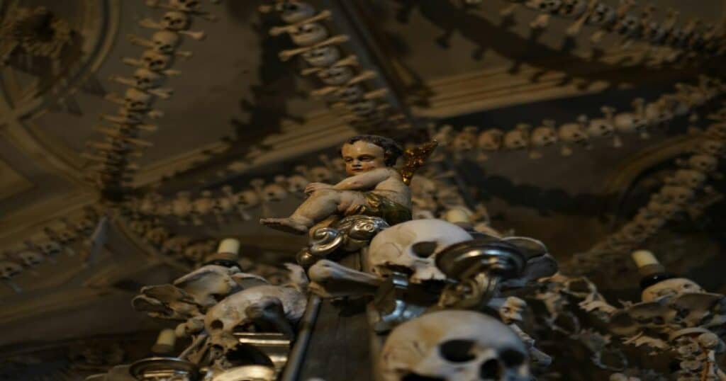 The Sedlec Ossuary bone chapel in Kutna Hora showcases intricate skull designs.