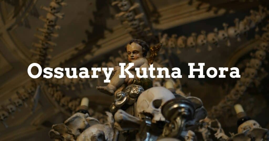 A detailed view of the Sedlec Ossuary bone chapel in Kutna Hora.
