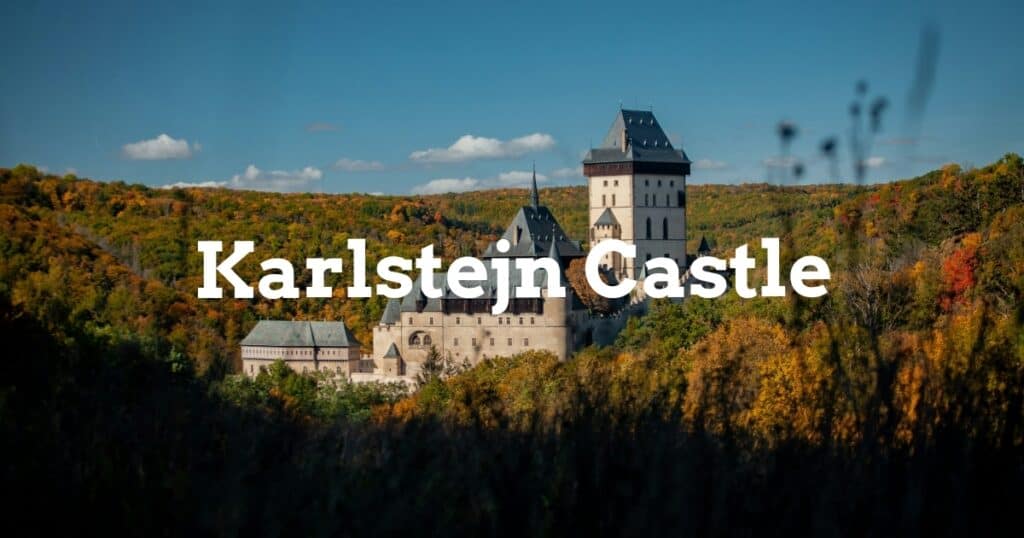 Stunning view of Karlstejn Castle from Prague with autumn foliage