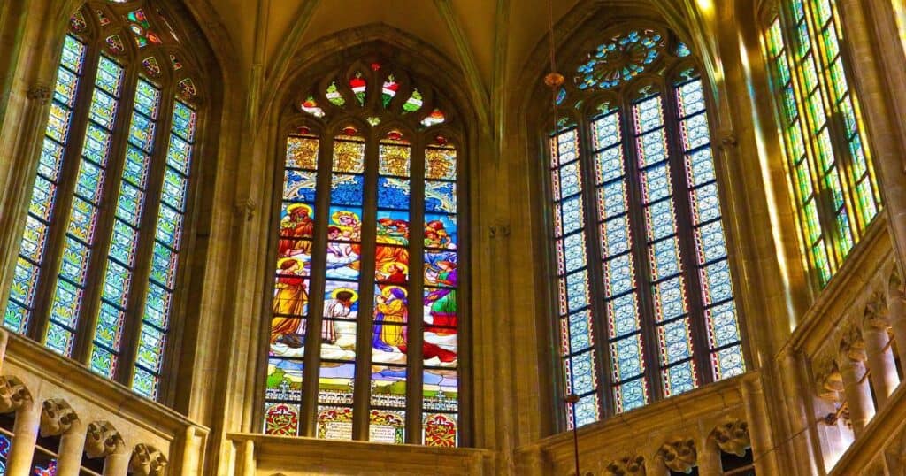Stained glass windows highlighting the beauty of Saint Barbara's Church in Kutna Hora